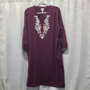 Chico's Embroidery Trimmed long‎ sleeve Split V Neck Midi Dress 3